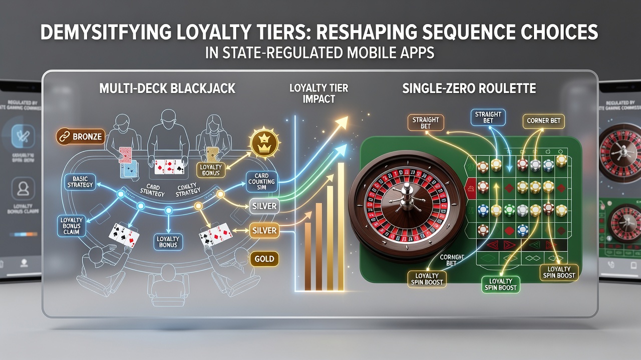 Mobile casino app interface showing loyalty tier progress alongside blackjack and roulette game options