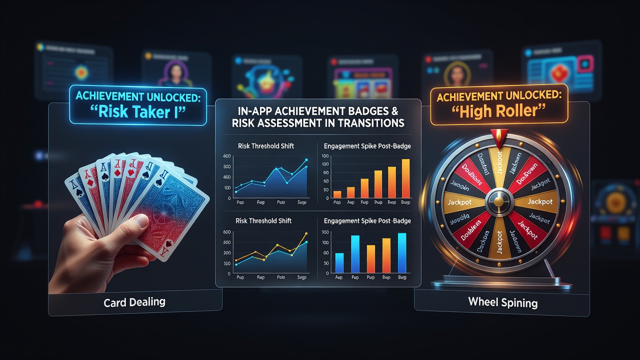Virtual gaming hub interface showing achievement badges during card and wheel game transitions