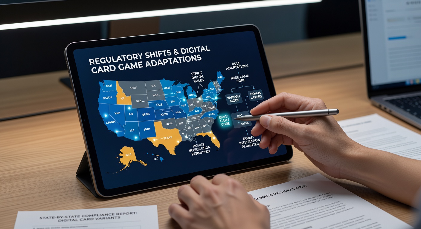 State regulatory documents and digital card game interfaces displayed side by side on a desk