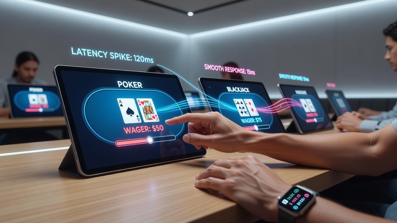 Detailed view of wager adjustment screens during game switches with latency metrics overlay