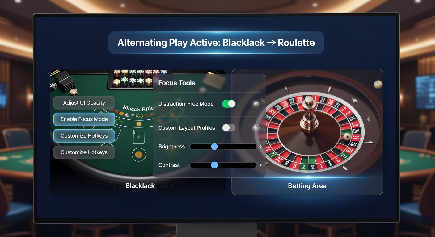 Close-up of mobile screen displaying split-view mode between blackjack and roulette tables with customization sliders visible