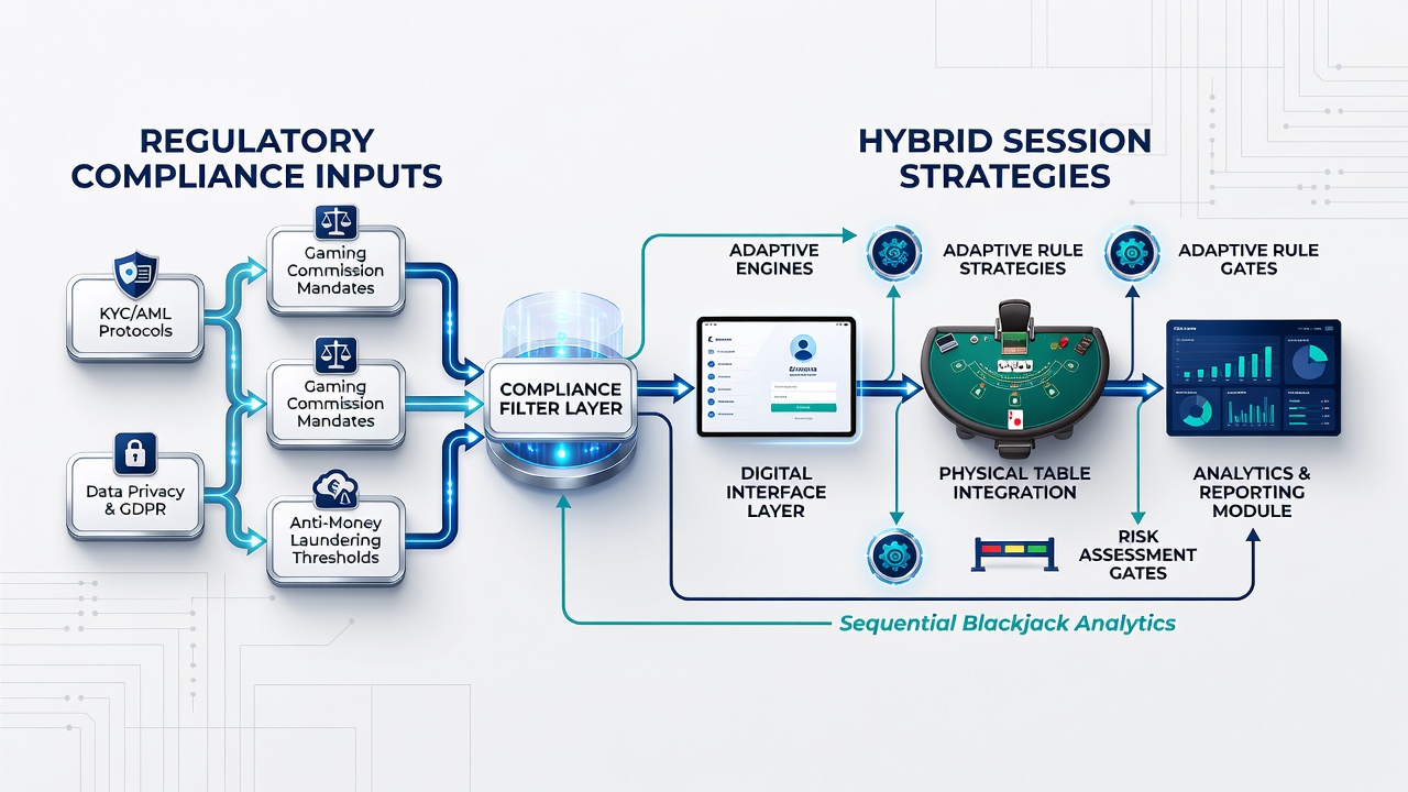 Hybrid blackjack and roulette session mapping under different regulatory zones