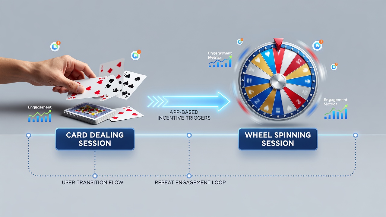 Heat-map style visualization showing transition points between card and wheel games driven by app incentives