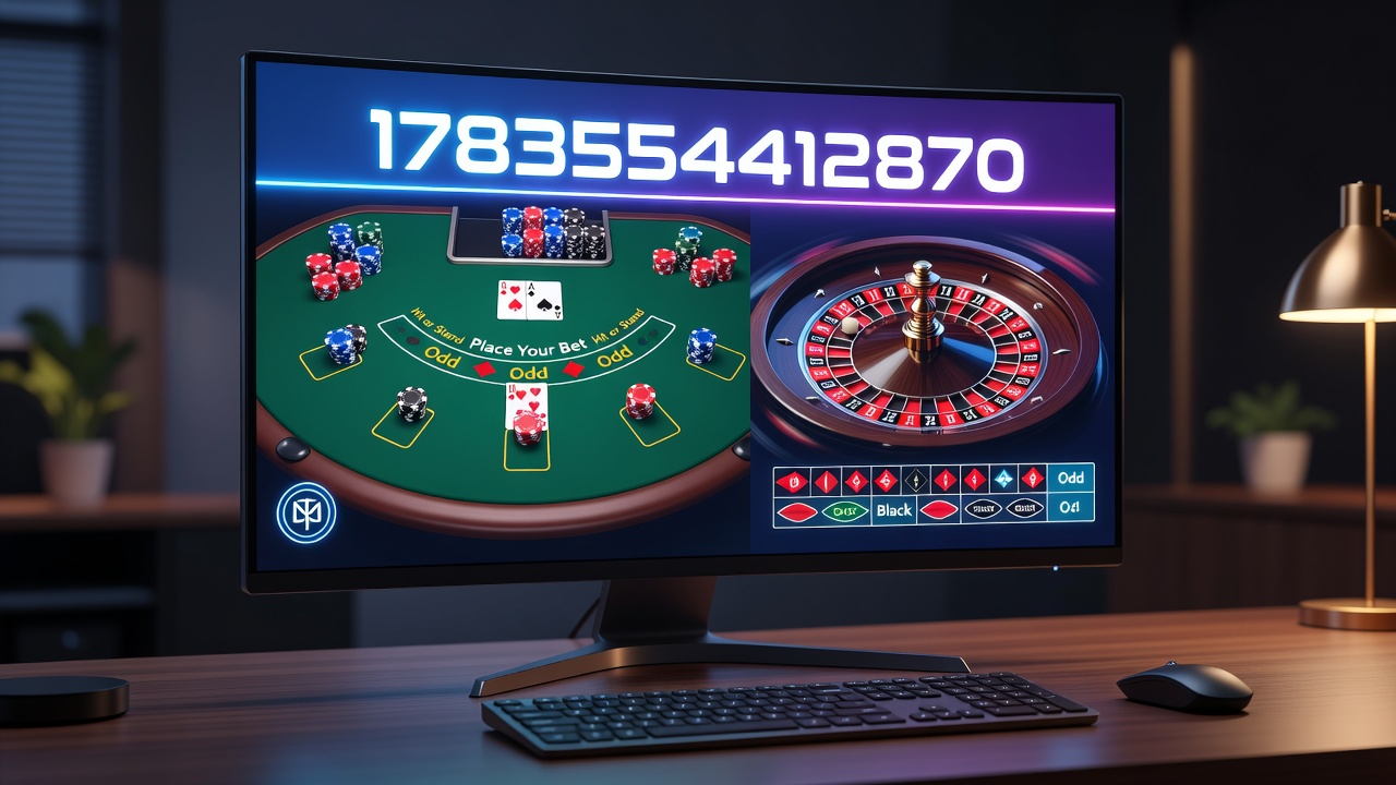 Online blackjack and roulette tables displayed on digital casino interfaces with cards and wheel elements