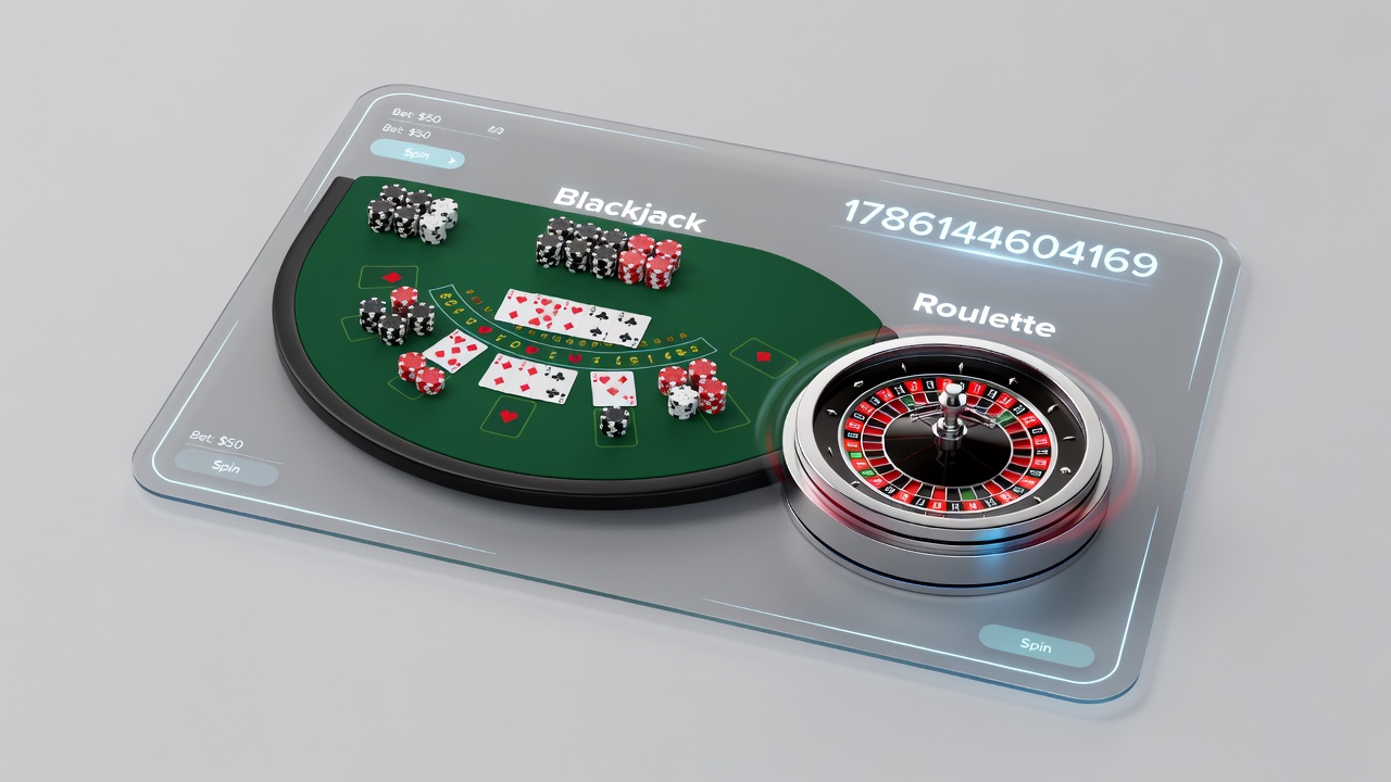 Close-up view of live dealer roulette wheel and blackjack cards displayed on a mobile device screen
