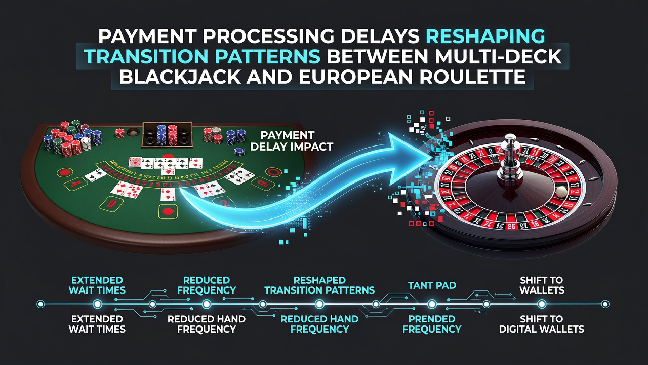 Chart displaying transaction delay statistics alongside game transition arrows between blackjack and roulette icons