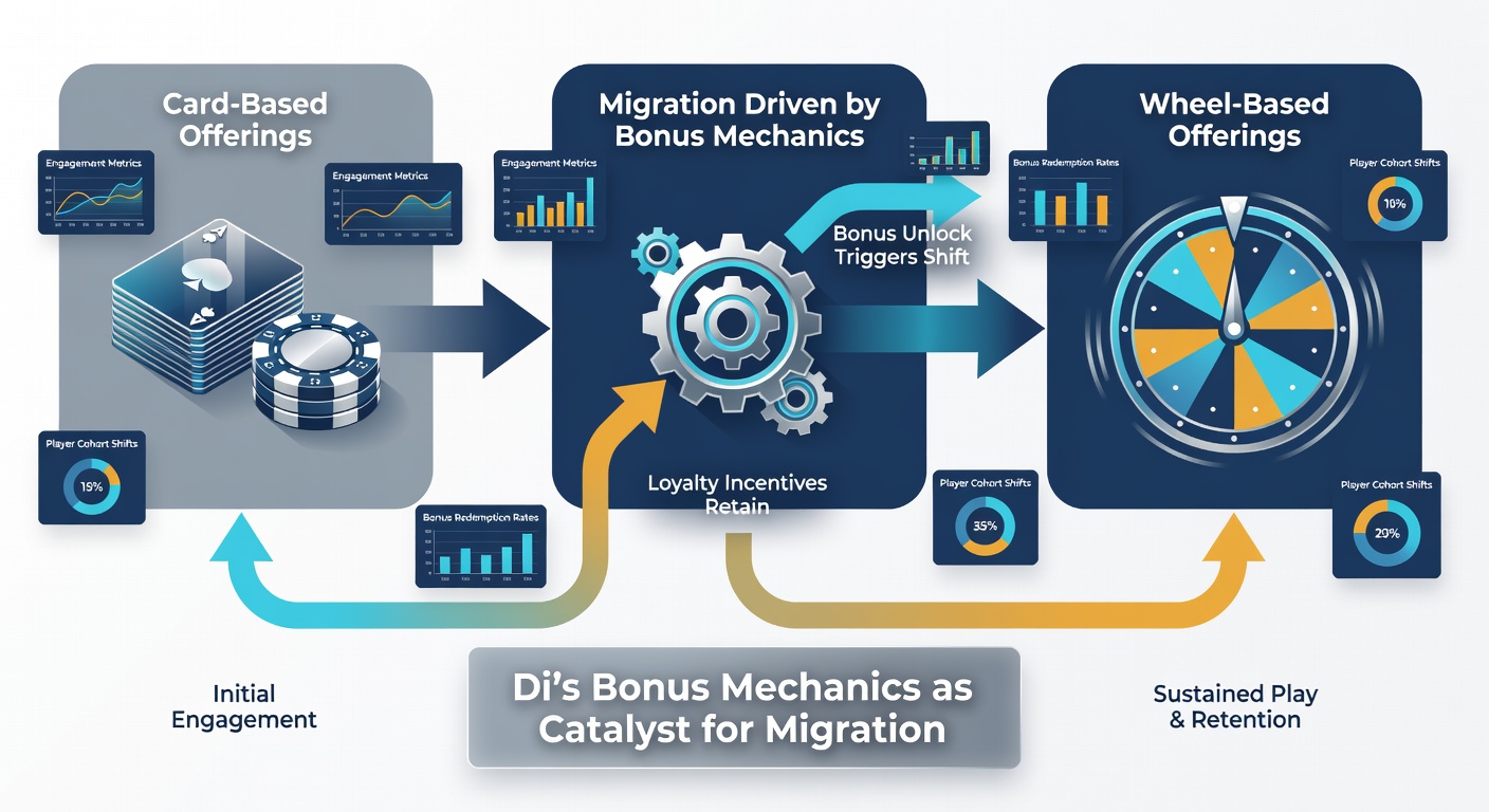 Data visualization of migration flows between card-based and wheel-based casino games fueled by bonus incentives