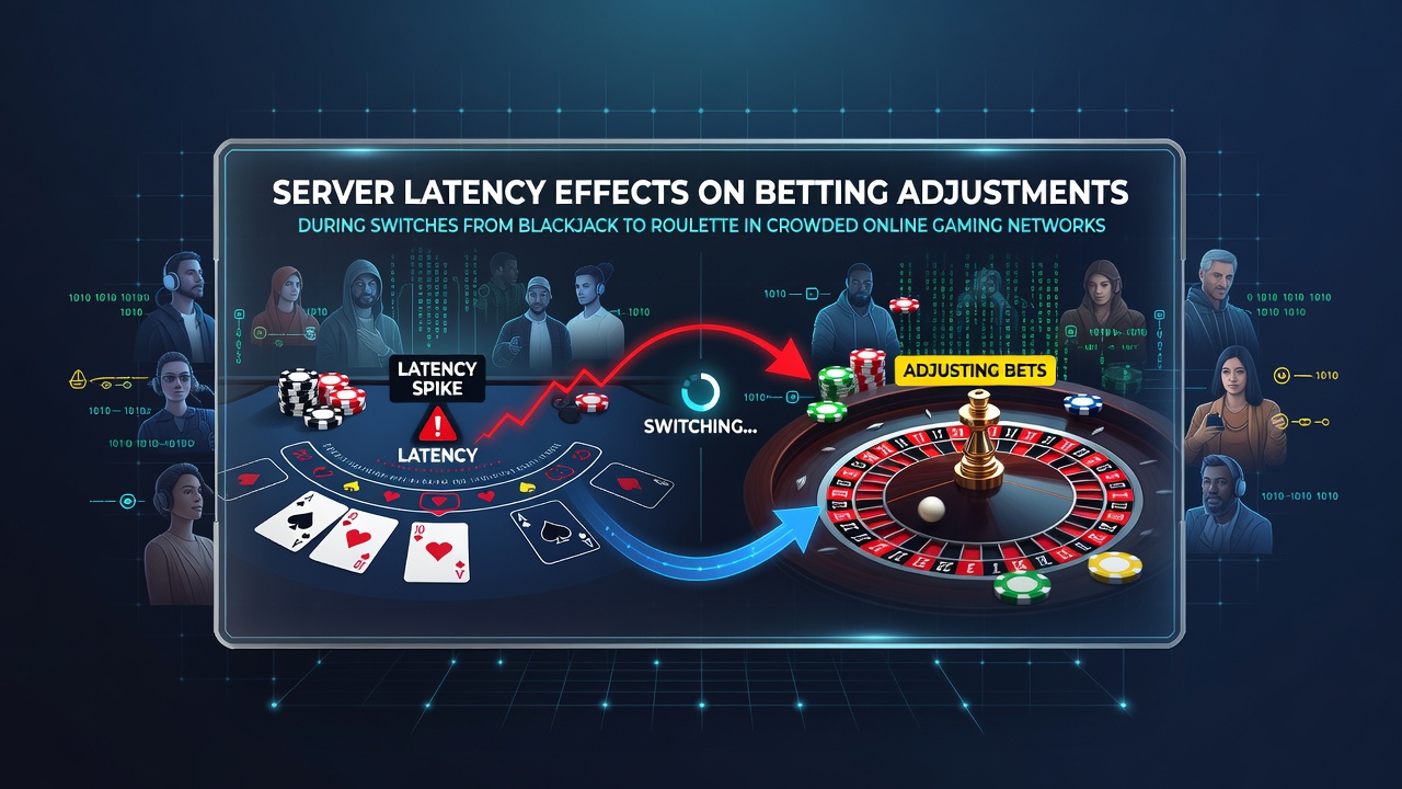 Server infrastructure monitoring displays showing latency metrics across blackjack and roulette tables in an online gaming network