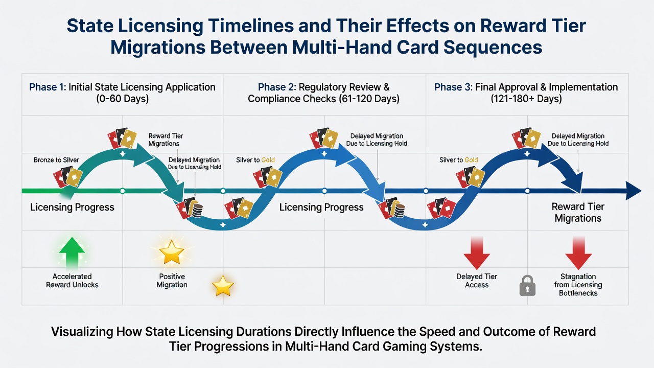 Timeline graphic illustrating state licensing phases and corresponding reward tier updates for card and wheel games