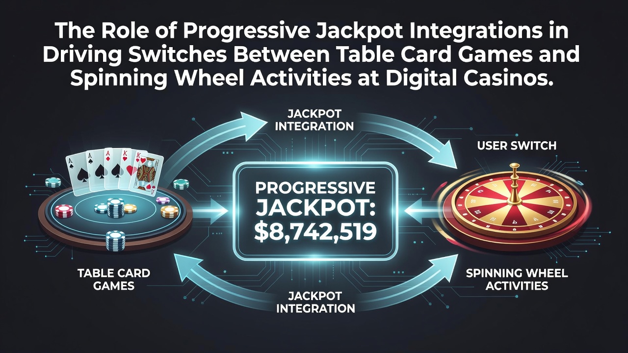 Digital casino interface showing progressive jackpot displays integrated across card table and wheel game sections
