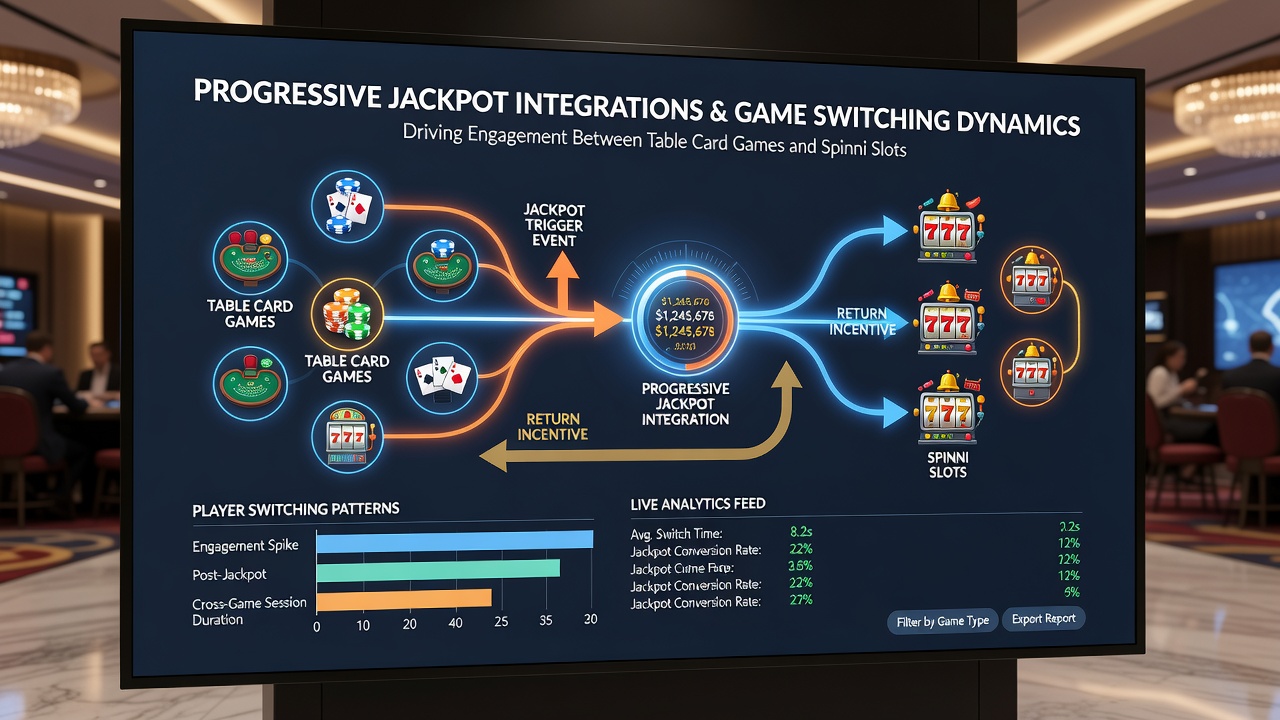 Analytics dashboard displaying player transition rates between card and wheel games tied to progressive jackpot levels