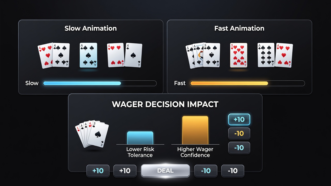Side-by-side comparison of fast and slow animation speeds in a digital poker interface with wager panels